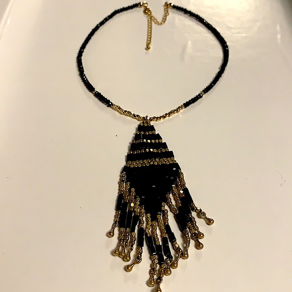 Black Crystal Choker With Faceted Crystal and Bead Tassel - NEW - Picture 1 of 4